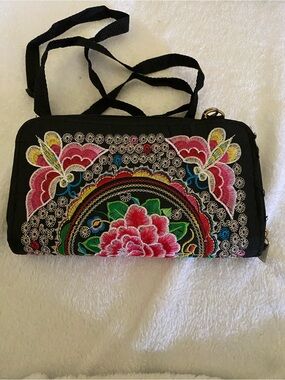 Black Floral Embroidered Crossbody Bag with Pink Accents